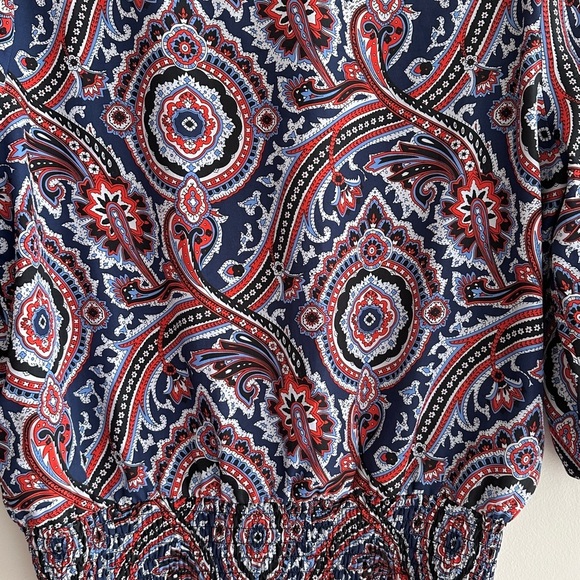 Michael Kors Multicolor Paisley Roll Tab Sleeve Smocked Blouse, Size Large - Picture 15 of 16